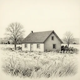 a house in a field etching art style