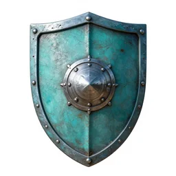 turquoise medieval shield, photorealistic, isolated on a pure white background, centered, entire object in frame, sharp focus, soft studio lighting