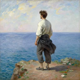 an attractive male standing on a cliff, clothed!!!!, looking out at the ocean, by gaston bussiere, craig mullins, j. c. leyendecker, claude monet