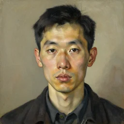 detailed portrait of an asian man, 3 0 s, by lucian freud, francis bacon, grant wood