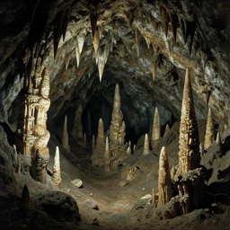 deep inside an ancient cave with stalagmites and stalactites, eerie, by hieronymus bosch