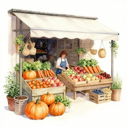 watercolor painting of farmers market, pumpkins and carrots, apples and peaches, herbs and spices, traditional store, art by anders zorn, wonderful masterpiece by greg rutkowski, beautiful cinematic light, american romanticism by greg manchess, creation by tyler edlin