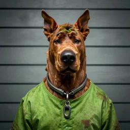 prison mugshot of shaggy, dramatic lighting, dirty green clothes, neck shackle, low saturation, somber expression, soft vignette, 4 k, scooby doo screenshot