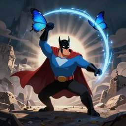 Rusty Venture becoming a super villain and arching The Blue Morpho, Venture Brothers, style of titmouse animation, Dr Thaddeus Venture