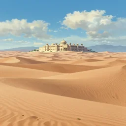 a stunning desert landscape with an arabian palace on the horizon by makoto shinkai