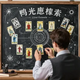 back shot of male accountant examining the mysteries of tarot cards on a magical blackboard, fantasy art, matte painting, high quality