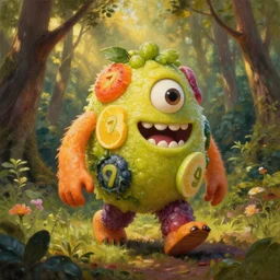 a fruit monster made of different fruit, 5 7 9, walking around in forest, detailed mouth, detailed eyes, forest background, trees and flowers, trees in foreground, rays of golden sunlight, oil painting, highly detailed, dramatic lighting, hyperrealistic, smooth, artstation, cgsociety, by artgerm, by wlop