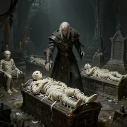 a spirit summoner in a mausoleum reviving mummies on caskets, dark souls inspired, elden ring inspired, octane render, rtx, unreal engine 5, digital painting, trending on artstation, highly detailed, epic composition, 8 k uhd