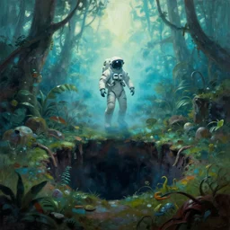 lost astronaut in moody frazetta jungle , cyan mist , big hole in the ground ,  extremely textured frazetta oil painting panorama dramatic sky backlight