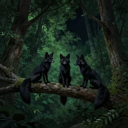 three black foxes sitting on a high branch in a dense green forest, night time, pitch black sky, stars, fantasy art extreme low angle shot, detailed illustration, hd, overdetailed art, by greg rutkowski, trending on ArtStation, concept art, cgsociety, octane render, trending on artstation, artstationHD, artstationHQ, unreal engine, 8k