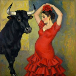 highly detailed painting of pregnant flamenco dancer with a black bull head wearing red flower dress by tamara de lempicka
