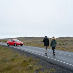 Man and woman walking together, Iceland landscape, red car on the side of the road, phone photo, 12mpx