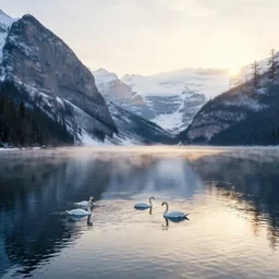 beautiful canadian landscape by the lake, reflective, swans in the lake, winter, sunlight, morning, ambient lighting, life is strange artwork style,