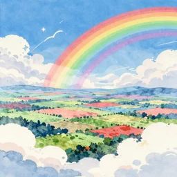 A beautiful landscape with wavelike clouds, rainbow flowing clouds, vivid landscape, award-winning anime style, wallpaper, relaxing, bright, Watercolor expressionist, comic book style, manga style