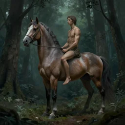 werecreature consisting of a horse and a human, featured on artstation, photograph captured in a dark forest