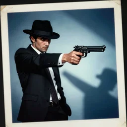 mysterious man in black suit and black hat, he has a pistol!!, mysterious, 4 k, highly detailed, digital art, strong shadows, high contrast, epic scene, atmospheric, blue colours, old photograph