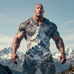 realistic still of cross between large mountain & dwayne johnson, mountain made of dwayne johnson, mountain has dwayne johnson as texture, mountain & human fuse, mountain & human mixture, personification, hybrid, biomorphic, 8 k, 8 5 mm, f. 1 4, beautiful composition