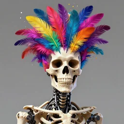 art portrait of skeleton with colorful feathers exploding out of head,8k,by tristan eaton,Stanley Artgermm,Tom Bagshaw,Greg Rutkowski,Carne Griffiths,trending on DeviantArt,face enhance,hyper detailed,minimalist,cybernetic, android, blade runner,full of colour,