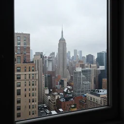 view from a new york high rise apartment looking outside the window, rainy afternoon, gloomy, atmospheric, dslr, high quality, cloudy, sharp focus