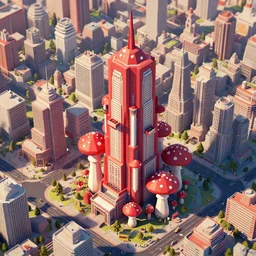 matte 3 d low poly render of a towering red and white spotted mushroom skyscraper, solarpunk city, lat lighting, highly populated and full of life, isometric aerial view, immense sense of scale, digital art by beeple, trending on artstation