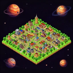 isometric view of the whole of a small town on a strange planet, from a space themed Lucasarts graphic adventure game made in 1999
