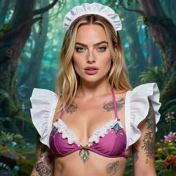 Margot robbie as a beautiful tattooed female maid wearing a magical bikini in a magical forest, highly detailed face, realistic face, piercing gaze, fantasy art, in the style of artgerm, illustration, epic, fantasy, intricate, hyper detailed, artstation, concept art, smooth, sharp focus, ray tracing, vibrant