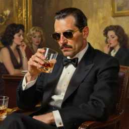 beautiful oil matte portrait painting, mafia boss drinking whiskey with tasteful ladies at his 5 0 s new york office space, wonderful masterpiece highly detailed, beautiful cinematic light deep focus, elegant, digital painting, smooth, sharp focus, golden ratio, dramatic illumination, ultra realistic, 8 k, art by jimmy law