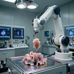 a complex thick bifurcated robotic cnc surgical arm cybernetic symbiosis hybrid mri 3 d printer machine making some iridiscent squid embryo organic ceramic fractal forms in inspection laboratory control panel room, lcd screens, knobs, drone camera lens orbs, 3 point lighting, highly detailed larval stage, natural color scheme, photo still from movie by denis villeneuve,