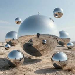 a landscape of chrome spheres by H.R. Giger