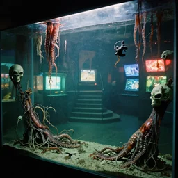 colored photograph taken on fujifilm superia film, 3 5 mm, spooky creepy liminal space, halloween decorations, educational display case, aquatic exhibition science museum, driedup rotting aquarium with halfeaten tentacles, alien skulls, spooks, bright computer screens with colorful displays, backroom stairs leading down under water, displacement