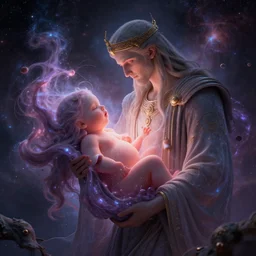 a god giving birth to a new universe and then dissolving itself into it, in the style of wlop, illustration, epic, fantasy, hyper detailed, smooth, unreal engine, sharp focus, ray tracing