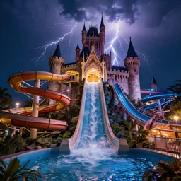 dracula castle waterpark with water slides at night, lightning, digital art, epic composition, highly detailed, cinematic lighting