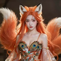 prompt A beautiful portrait of a white red orange kumiho, stunning gorgeous cute asian face, translucent silky dress made of peacock tails, a bra made of peacock feathers, close up front view, long clumpy hair in the shape of fox tail, backlit, concept art, matte painting, by Peter Mohrbacher