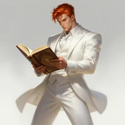 a highly detailed illustration of short ginger haired man wearing white suit, dramatic holding grimoire pose, muscular, intricate, elegant, highly detailed, centered, digital painting, artstation, concept art, smooth, sharp focus, league of legends concept art, WLOP