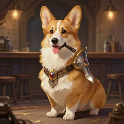 full body photograph of a female anthro corgi fursona paladin in a tavern, deep focus, intricate, elegant, highly detailed, digital painting, artstation, concept art, matte, sharp focus, illustration, d & d, fantasy, hearthstone, art by artgerm and greg rutkowski and alphonse mucha