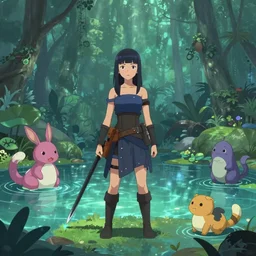 “lonely girl warrior in a fantastic pond with magical creatures”