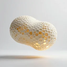 huge organic shaped honeycomb asymmetric capsule levitating in the air no - gravity installation in white empty spacious space, maximum natural texture, white warm illumination, in low fog, 8 k resolution, best color graded, vray beautiful, subsurface scatter, hyper - realistic render