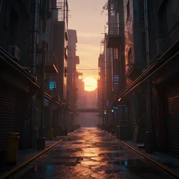 ultradetailed 8 k hd octane render of a cyberpunk alleyway at sunset