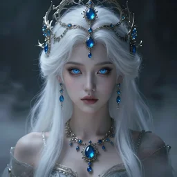 a beatiful white haired princess with blue colored eyes, adorned with precious stone jewelry, intricate concept art, ethereal, ominous, misty, dramatic lighting, Octane Render, 8k, Ruan Jia and Jeremy Mann and Alphonse Mucha