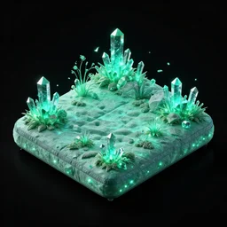isometric bed made out of crystals with alien aesthetic and biolumnescent gree cyan neon type lights with alien plants growing out of the matress, all in a black background behance lowpoly alien pilow