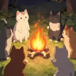 cats holding paws around a bone fire, sumie style art