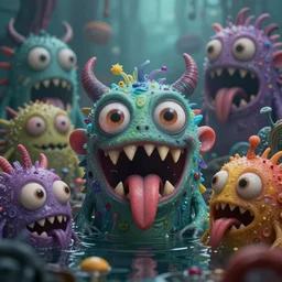 intricate colourful murky сен with strange cute friendly horror crazy monsters with huge beauty eyes long tongue triangle teeth and scary face appearing from the water, in the style of craola, shallow depth of field, highly detailed, digital painting, trending artstation, concept art, illustration, cinematic lighting, vibrant colors, photorealism, epic, octane render