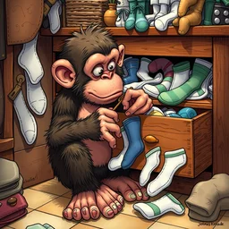 an awkward monkey fiddles with a drawer full of socks, cartoon illustration masterpiece, intricate and interesting character design, comic strip art, by jim davis and kim jung gi and thomas kinkade