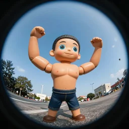 Stretch Armstrong doll looking at the camera, fish eye lens, 8k, awkward