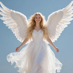 digital art of an angel, the spirit of a young woman with long blond hair, a dazzling smile, angelic face, and beautiful full flowing angel wings smiling at the camera, joyful, happy, full of love, long shot, wide shot, full shot, highly detailed