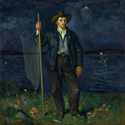 painting by mikalojus konstantinas ciurlionis. portrait of fisherman with net at night with fireflies