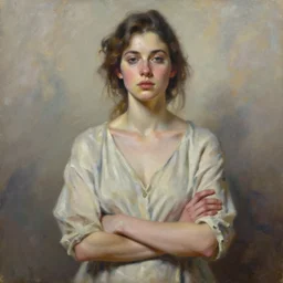 painting of a beautiful woman with arms crossed clothed in loose dress by Jeremy Mann, stylized, detailed, soft colors, loose brush strokes