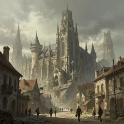 people walking at the town, art by wadim kashin, greg rutkowski, cgsociety, artstationhq, old gothic architecture, big medieval town, tall towers, concept art, fantasy, dystopian art