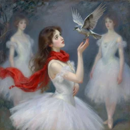 a prima ballerina japanese art with a red scarf, medium long brown hair, green eyes, is looking at a bird, ethereal, horror, fantasy art by greg rutkowski and magali villeneuve and claude monet