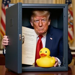 photo of trump trying to hide a safe full of classified documents holding a rubber ducky